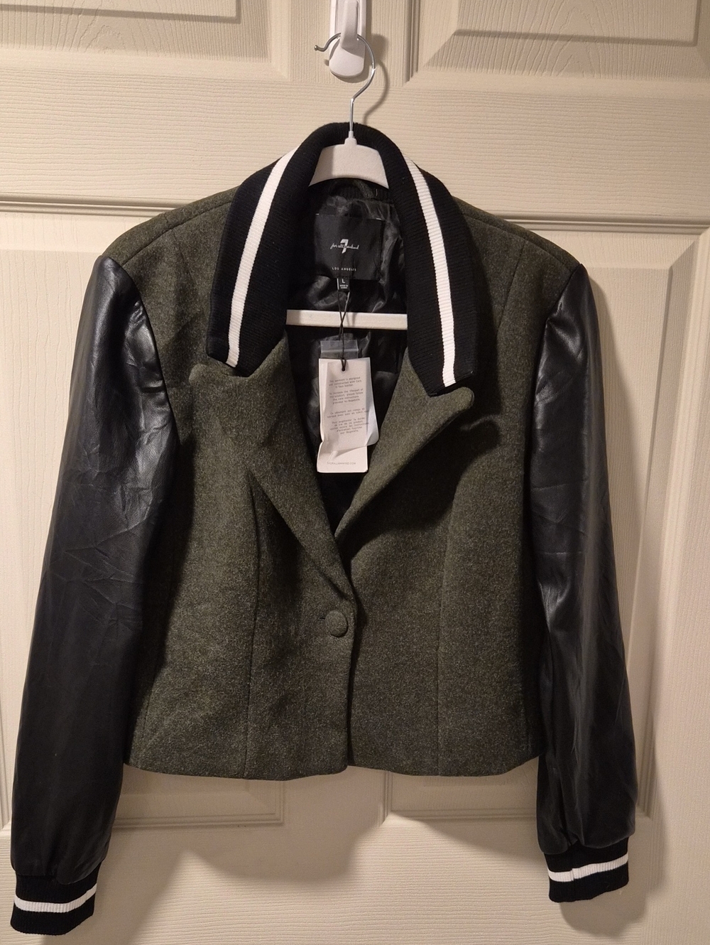 7 For All Mankind Olive Green Varsity Jacket with Faux Leather Black Sleeves